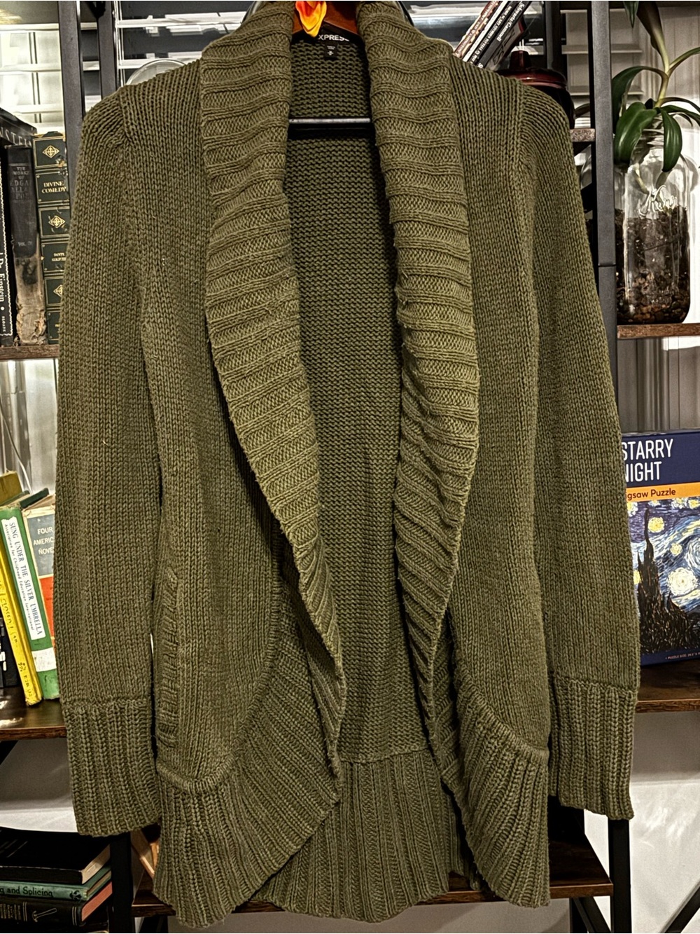 Express Olive Shawl Collar Open-Front Cardigan